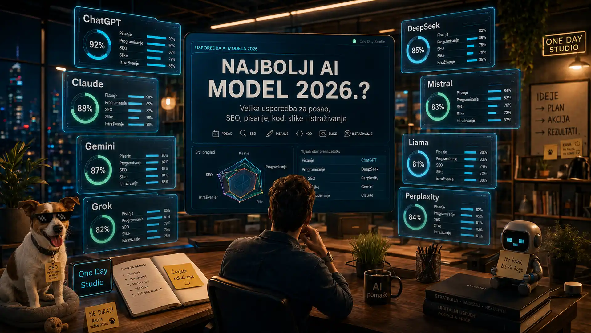 Futuristička usporedba AI modela 2026. s prikazom ChatGPT-a, Claudea, Geminija, Groka, DeepSeeka, Mistrala, Llame i Perplexityja u One Day Studio okruženju.